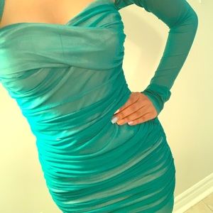 Aqua ruffled bodycon dress
